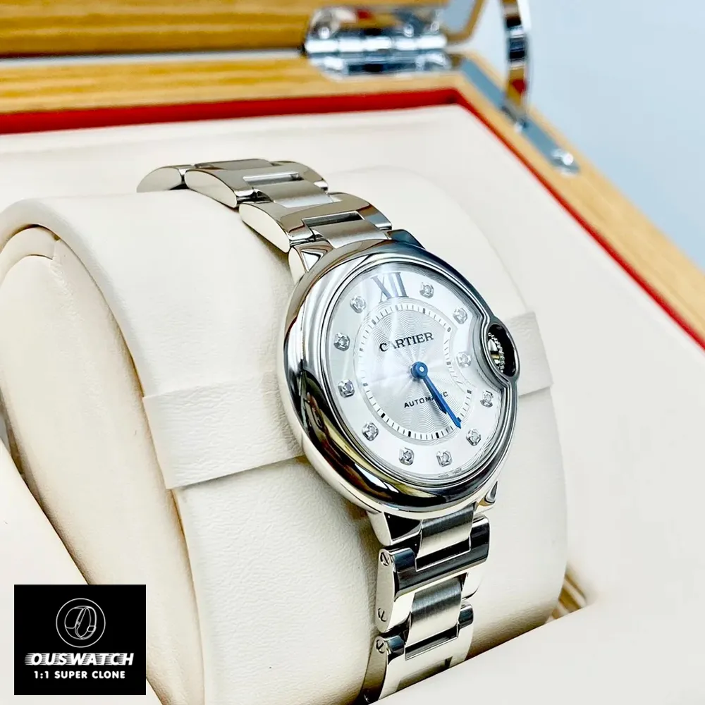Detailed view of the Cartier Ballon Bleu 33mm silver diamond dial watch dupe.