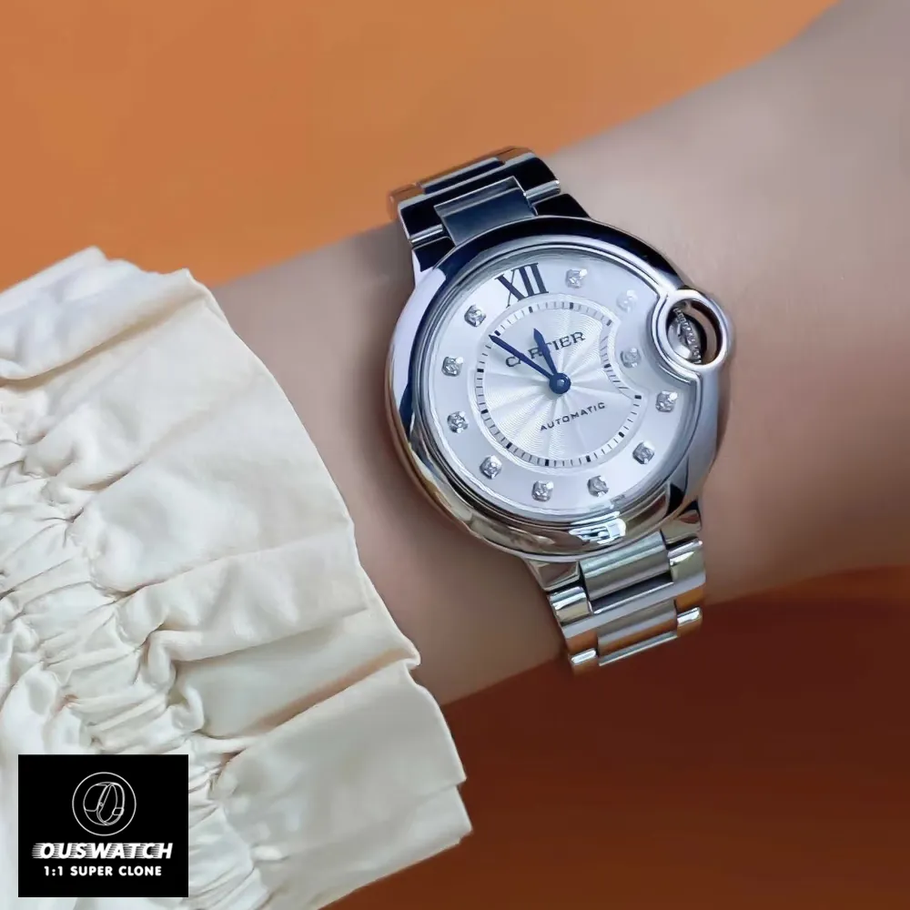 Cartier Ballon Bleu 33mm W4BB0021 watch dupe worn on the wrist, highlighting its comfortable fit.