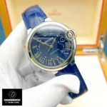 120-degree angle showcasing the Cartier Ballon Bleu 42mm blue dial watch dupe, emphasizing its sleek design