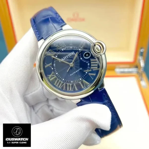 120-degree angle showcasing the Cartier Ballon Bleu 42mm blue dial watch dupe, emphasizing its sleek design