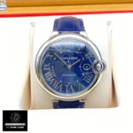 Front view of the Cartier Ballon Bleu 42mm blue dial watch dupe
