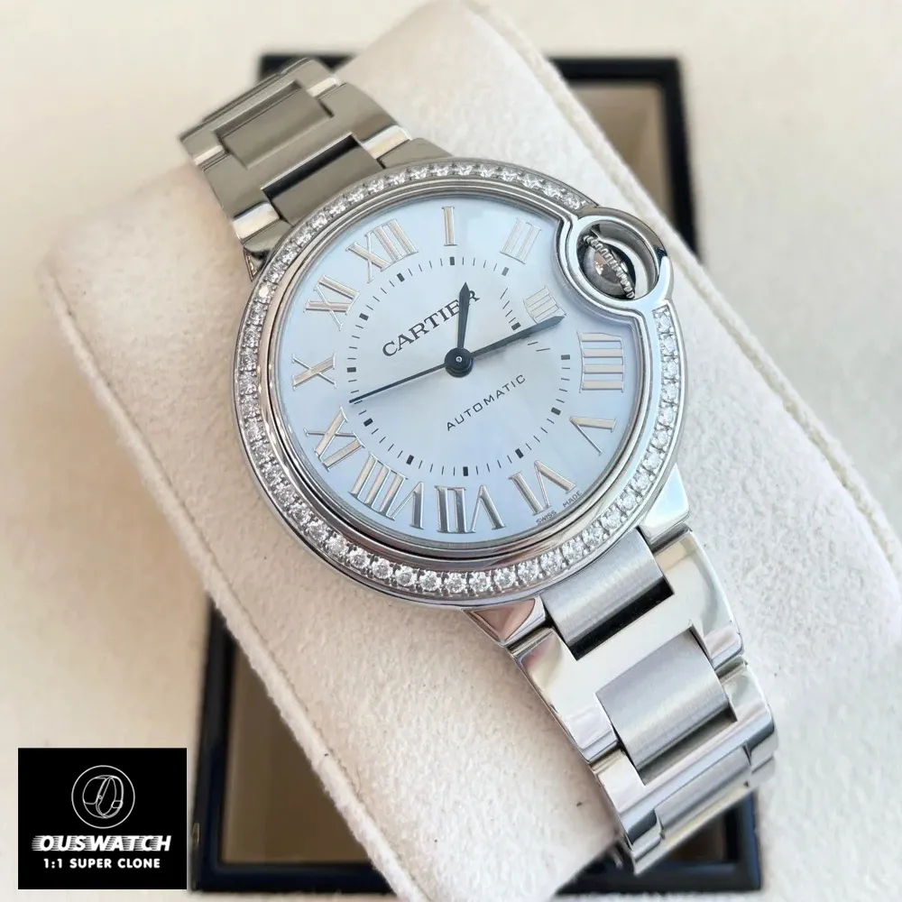 120-degree angle view of the Cartier Ballon Bleu blue dial watch dupe, reference W4BB0028