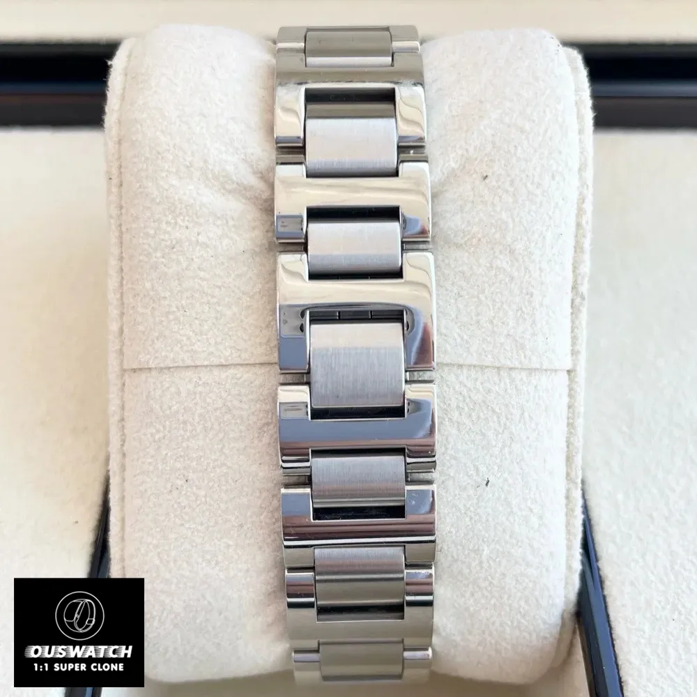 Cartier Ballon Bleu blue dial watch dupe, reference W4BB0028, featuring a stainless steel bracelet.