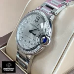 Side view of the Cartier Ballon Bleu 33mm watch dupe, focusing on the case and crown