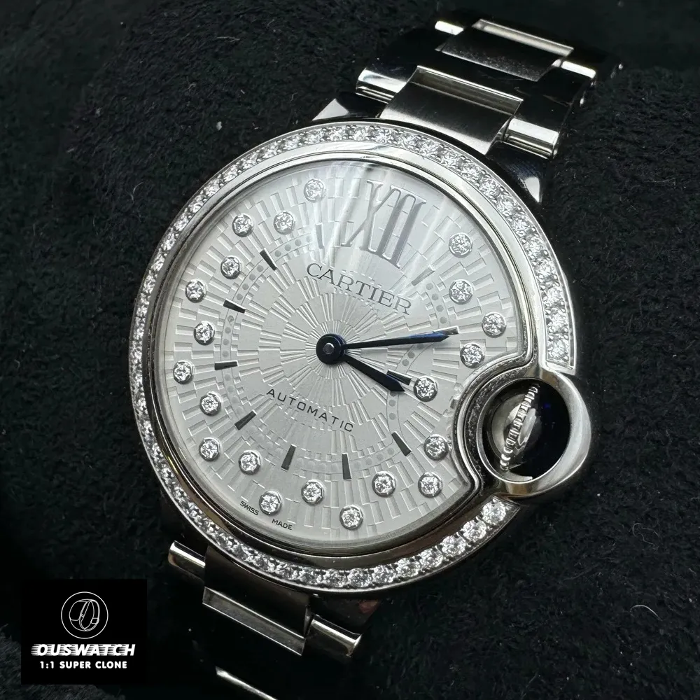 Cartier Ballon Bleu Inspired Watch Dupe - Angled 75-Degree View of Diamond-Studded Dial | Model W4BB0035