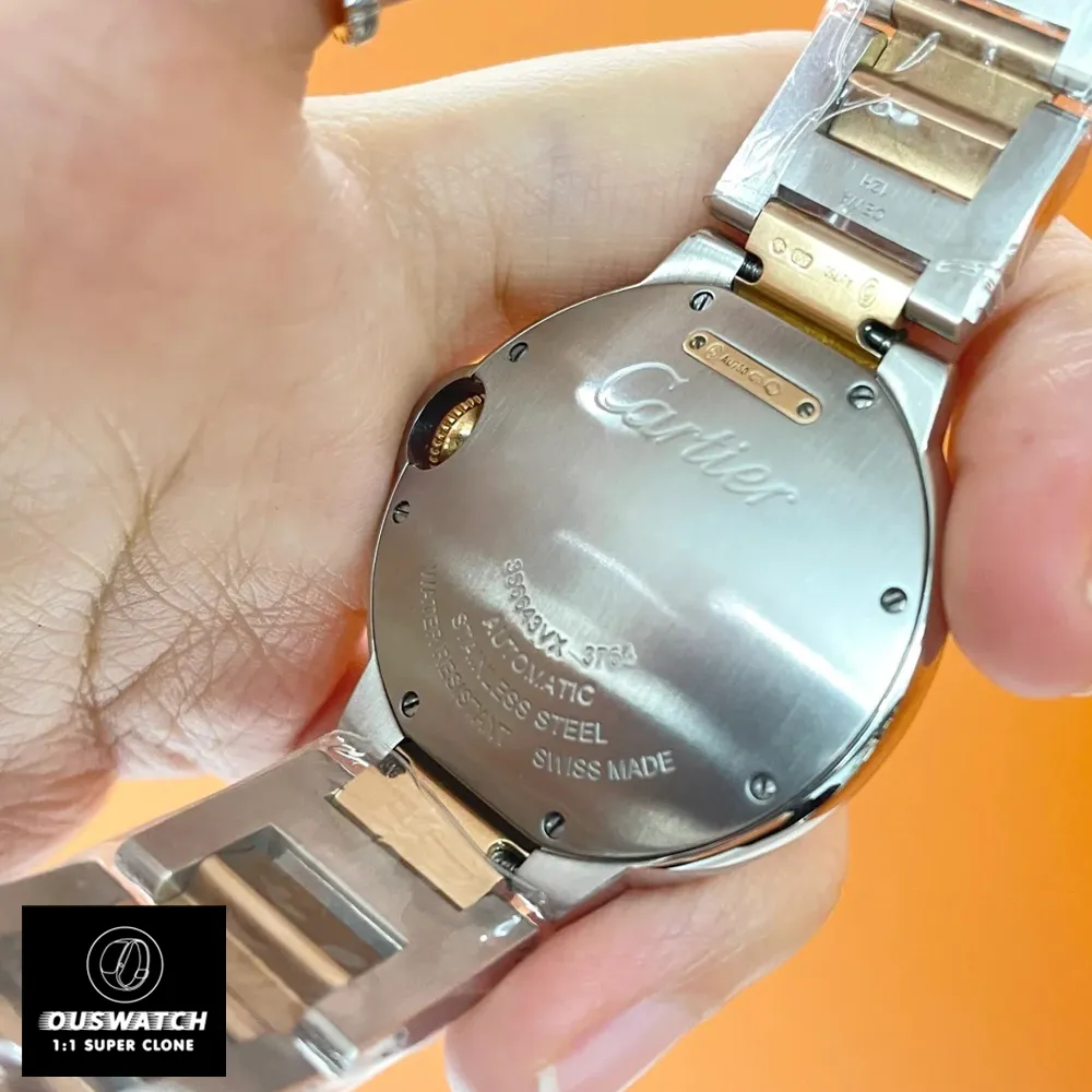 Back view of the Cartier Ballon Bleu two-tone watch dupe, model W3BB0023.