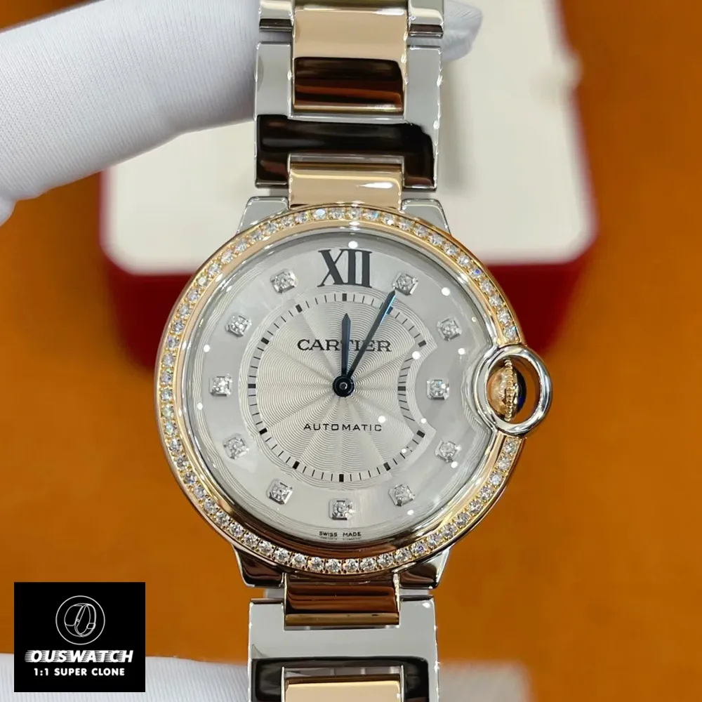 Front elevation of automatic watch replica with iconic balloon-shaped case design