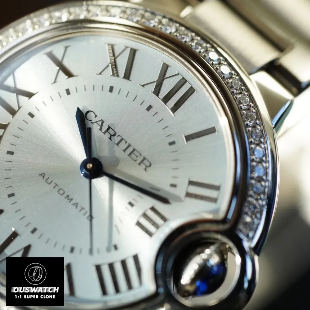 Detailed view of the blue dial on the Cartier Ballon Bleu W4BB0028 watch dupe, showcasing its sunray-brushed finish.