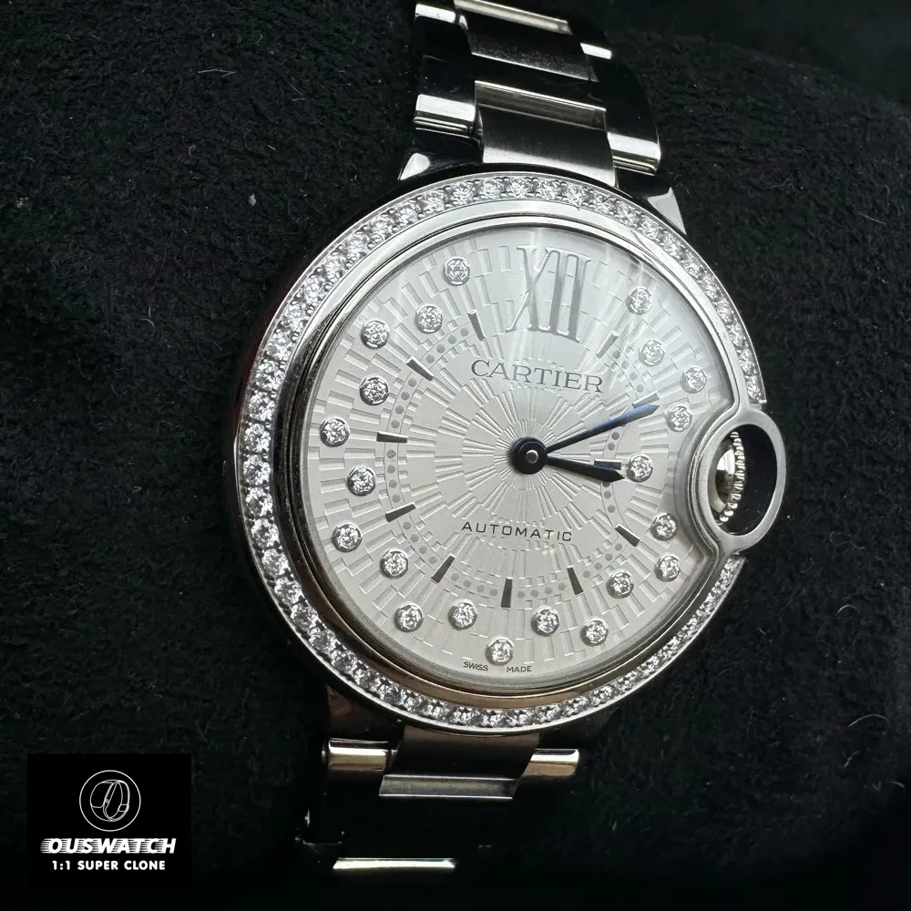 Detailed view of the Cartier Ballon Bleu W4BB0035 watch dupe, focusing on the diamond bezel and dial.
