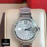 Front view of the Cartier Ballon Bleu W4BB0035 watch dupe, showcasing its classic design.