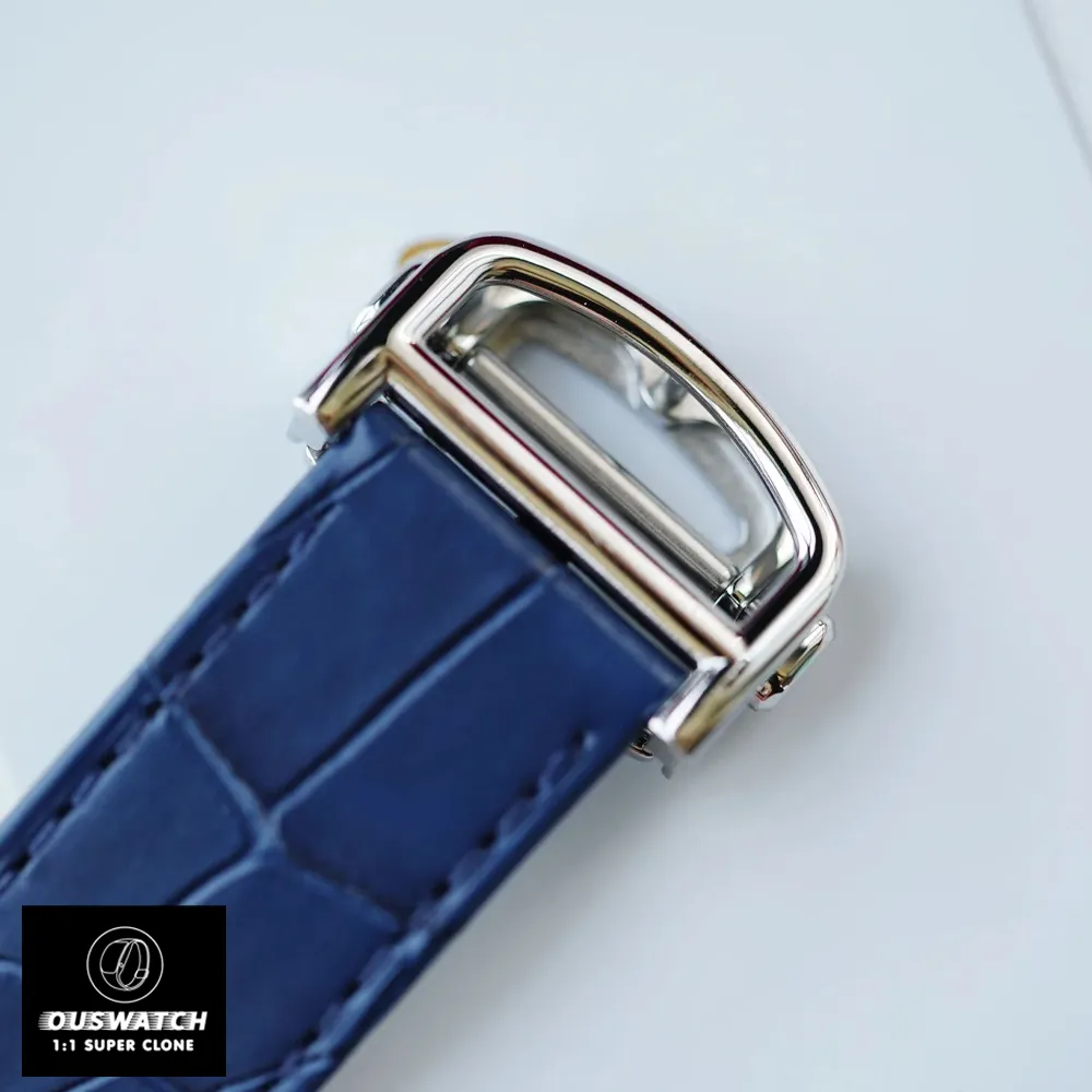 Close-up of the Cartier Ballon Bleu WSBB0027 watch dupe's alligator leather strap and folding buckle