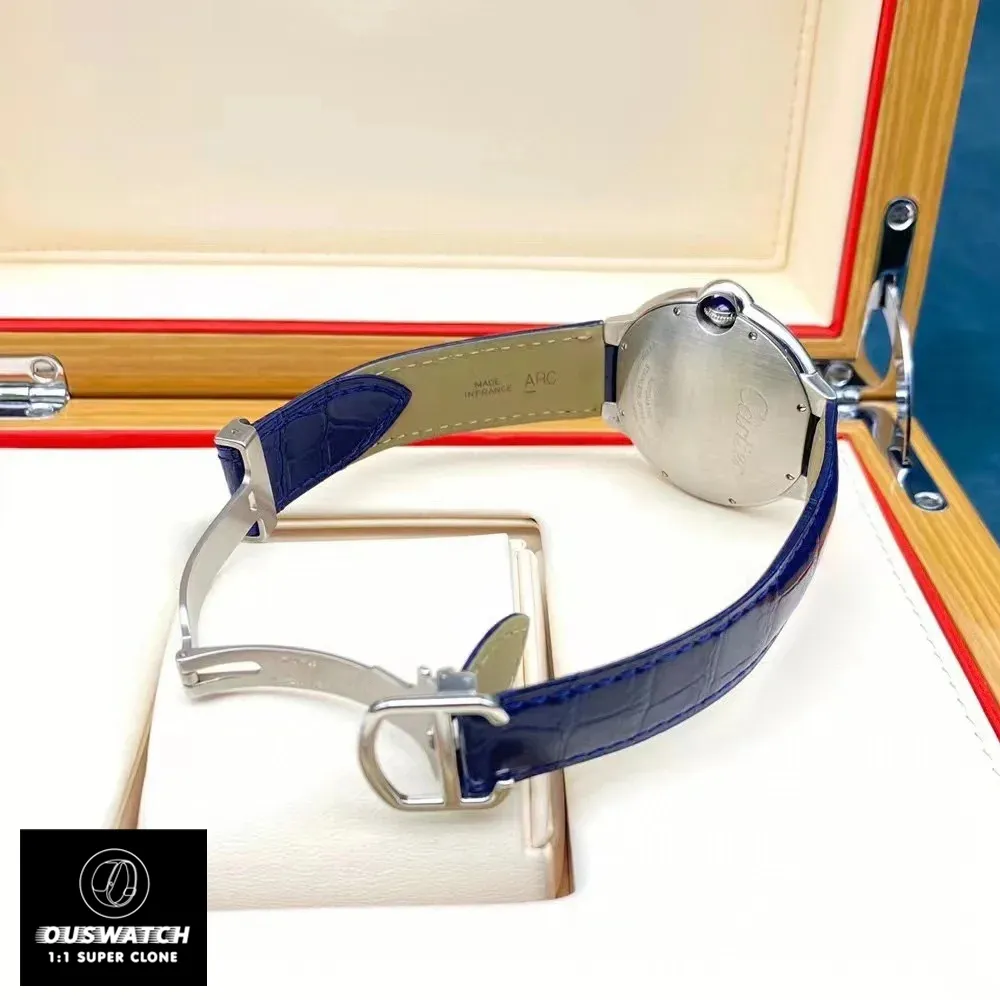 Back view of the Cartier Ballon Bleu WSBB0027 watch dupe with blue strap, showcasing its detailed craftsmanship.