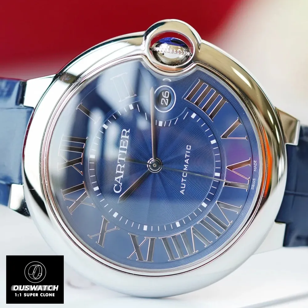 Close-up of the blue dial on the Cartier Ballon Bleu WSBB0027 watch dupe, emphasizing its guilloché pattern.