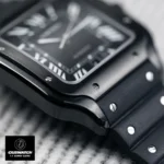 Close-up of the ADLC-coated case on the Super Clone Cartier Santos WSSA0039 watch, emphasizing its robust and scratch-resistant finish.