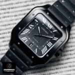 45-degree angle view of the Super Clone Cartier Santos Black Large ADLC WSSA0039 watch, highlighting its geometric design and black ADLC finish.