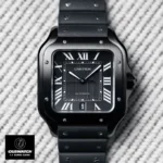 Front View Super Clone Cartier Santos WSSA0039 - Black dial with luminescent sword hands under double-AR sapphire crystal