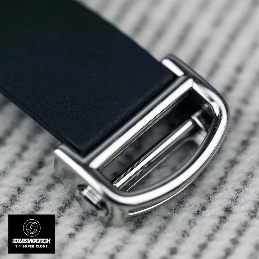 Close-up of the clasp on the black rubber strap of the Super Clone Cartier Santos watch, showcasing its secure and comfortable design.