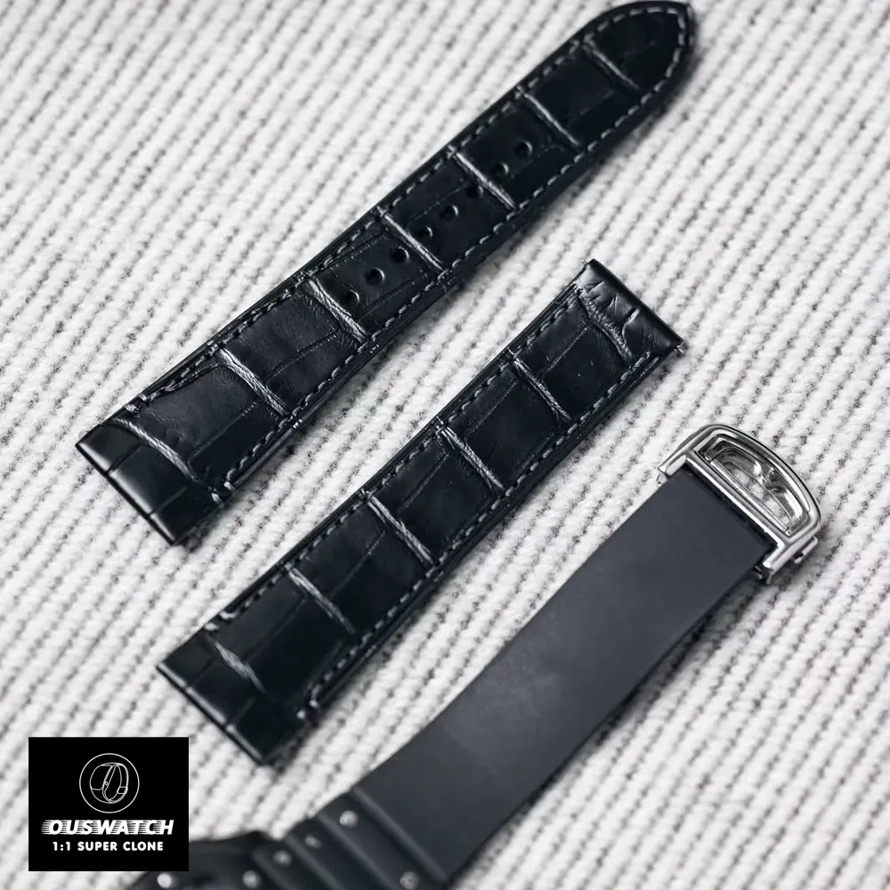 Super Clone Cartier Santos Black WSSA0039 watch displayed with three interchangeable straps, offering versatile styling options.