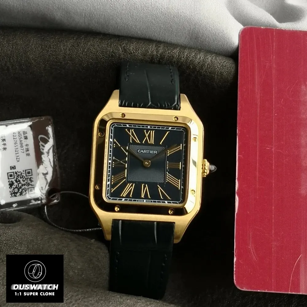 Front View Super Clone Cartier Santos Dumont-WGSA0115 - Polished 18k yellow square bezel with signature 8 screws and blued steel hands