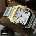 Super Clone Cartier Santos W2SA0009 Two-Tone Watch - 130-degree angled view showcasing 18k gold/steel case with iconic screw-decorated bezel