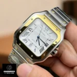 45-degree Panorama of Super Clone Santos W2SA0009 - Integrated two-tone bracelet seamlessly connecting to polished case