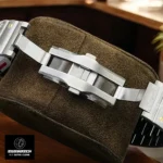 Deployant Clasp Detail on Super Clone Santos W2SA0009 - Double push-button mechanism with engraved Cartier logo