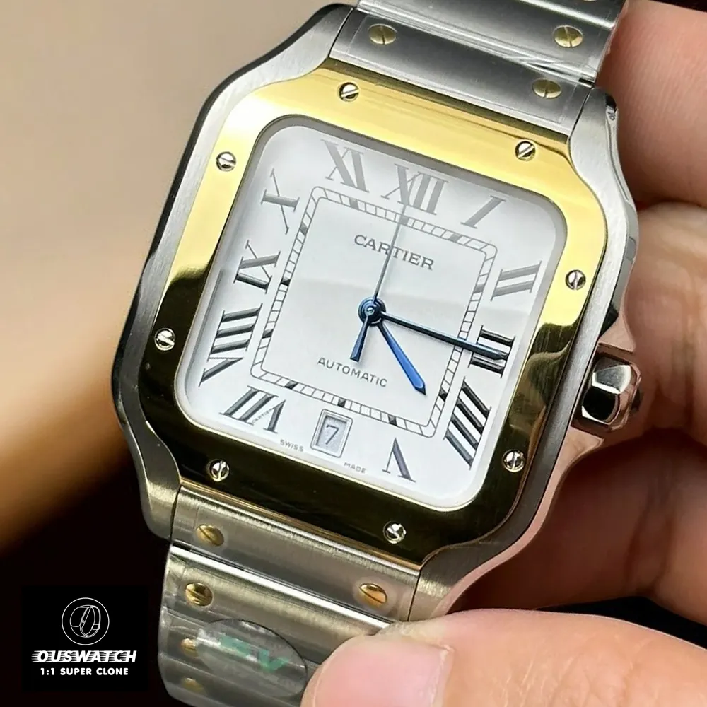 75-degree angle close-up of the Super Clone Cartier Santos W2SA0009 watch dial