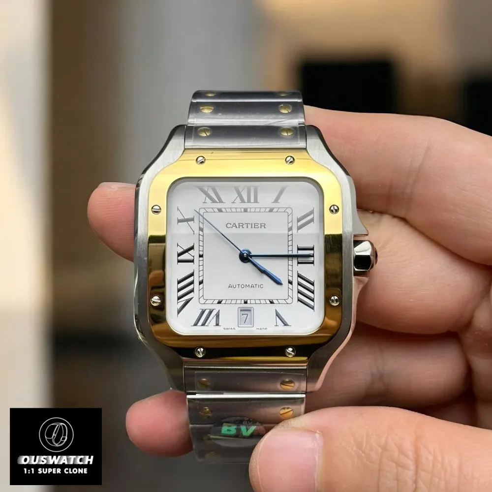 Front view of the Super Clone Cartier Santos W2SA0009 watch, showcasing its iconic design and two-tone elegance.