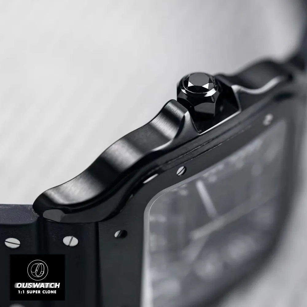 Detail of the black ADLC-coated case and steel crown set with a black faceted synthetic spinel on the Super Clone Cartier WSSA0039 watch.