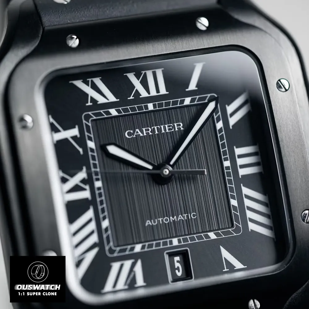 Close-up of the black dial on the Super Clone Cartier WSSA0039 watch, featuring luminous black steel sword-shaped hands and Roman numeral hour markers.