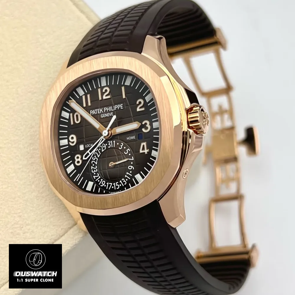Super Clone Patek Aquanaut 5164R Travel Time rose gold case and crown close-up shot