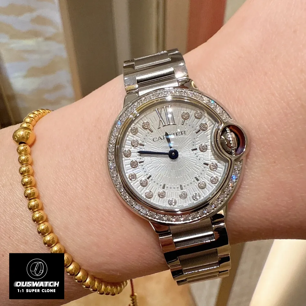 Model wearing the Cartier Ballon Bleu W4BB0035 watch dupe with diamond dial, highlighting its elegance.