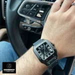 Super Clone Cartier-Santos Black ADLC WSSA0039 Wrist Shot - Matte black ADLC-coated case with polished screws contrasts against skin tone