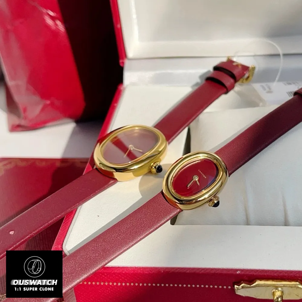 Cartier Baignoire Gold Ladies WGBA0040 watch dupe in red dial version, a bold twist to this elegant timepiece.