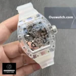 Richard Mille Sapphire Tourbillon RM56-02 white skeleton watch viewed at a 110-degree angle.