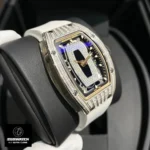 120‑degree angled view of the Richard Mille RM 07‑01 diamond case, emphasizing the iced out diamond setting and super clone craftsmanship