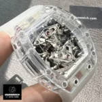 Richard Mille Sapphire Tourbillon watch shown at a 120-degree angle with visible case and dial.