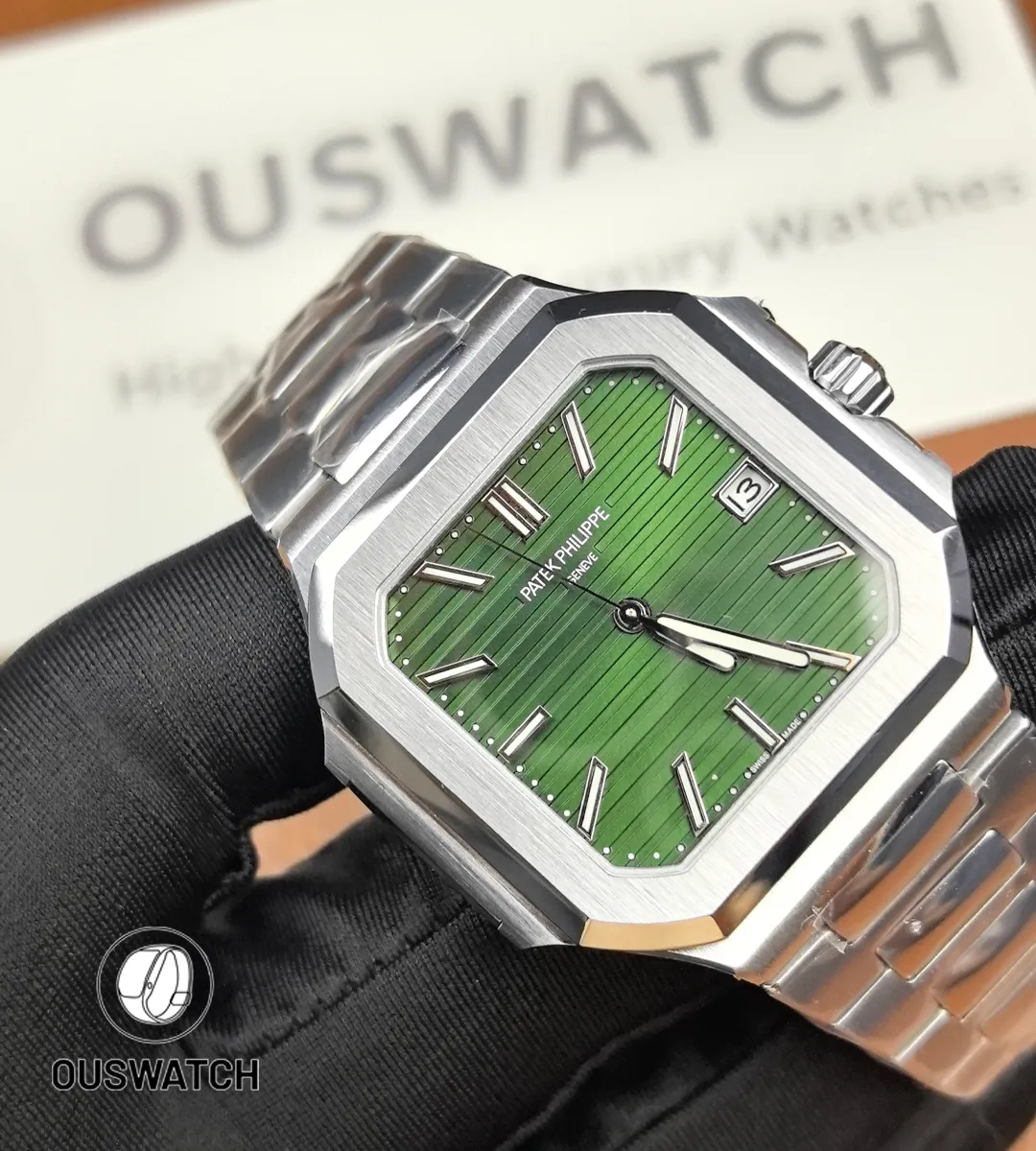 Cubitus 5821/1a luxury watch with olive green dial shown from a 120-degree perspective.