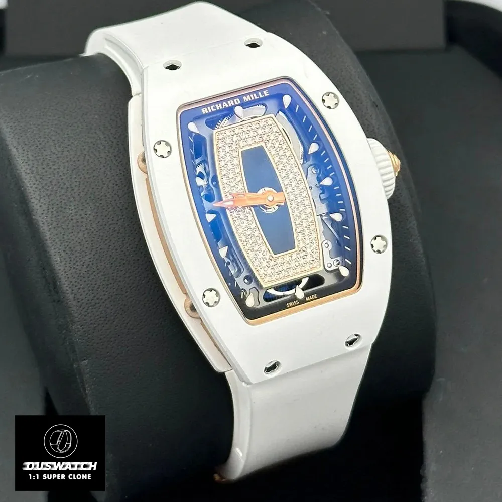120-degree side view of the Richard Mille RM 07-01 replica timepiece highlighting white ceramic case curvature and diamond-encrusted dial under natural lighting.