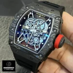 Complete view of the Richard Mille RM 35-02 clone watch at a 75-degree angle.