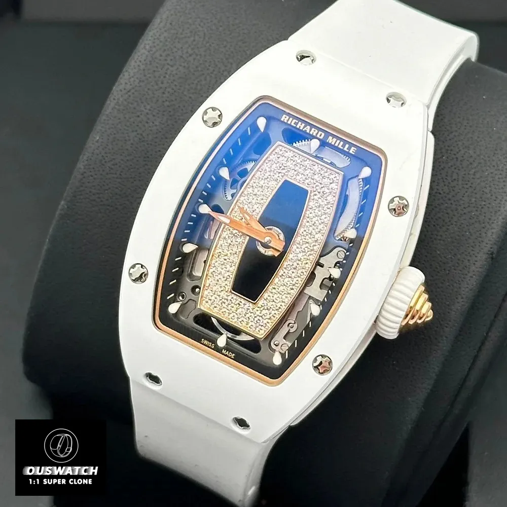 75‑degree angled shot of the Richard Mille RM 07‑01 White Ceramic replica, emphasizing its smooth ceramic case lines and diamond accents.