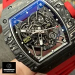 120° angle close-up of the skeleton dial on a Black Richard Mille watch.