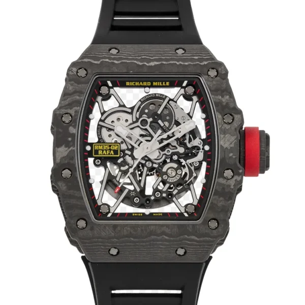 Black Richard Mille Copy RM 35-02 NTPT Carbon Super Clone Watch on a white background.