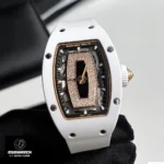Front view of the Richard Mille RM 07-01 iced-out replica watch with flawless diamond dial, rose gold hands, and anti-reflective coating.