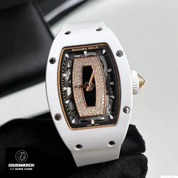 Front view of the Richard Mille RM 07-01 iced-out replica watch with flawless diamond dial, rose gold hands, and anti-reflective coating.