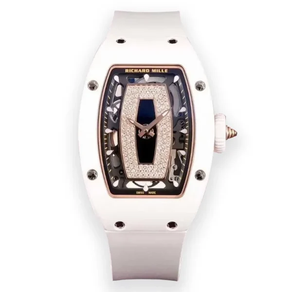 Luxury replica of Richard Mille RM 07-01 ladies watch in white ceramic with iced-out diamond Dial and skeletonized movement visible through sapphire crystal.