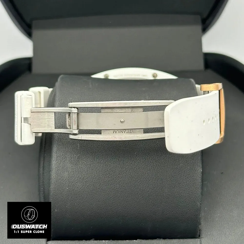 Unfolded folding clasp of the Richard Mille RM 07-01 replica watch with engraved brand logo and secure locking mechanism.