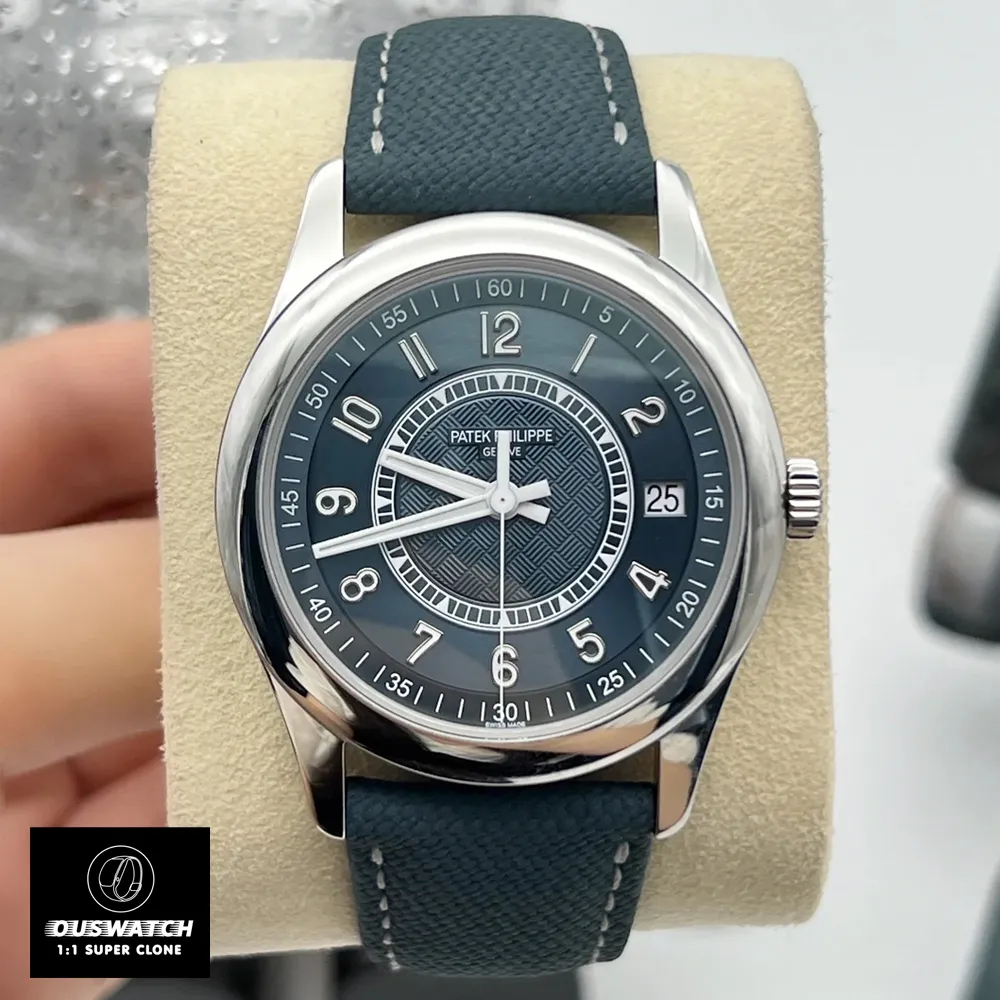 Front view of Patek Philippe Calatrava 6007A-001 Super Clone with 40mm stainless steel case and gray-blue sunburst dial