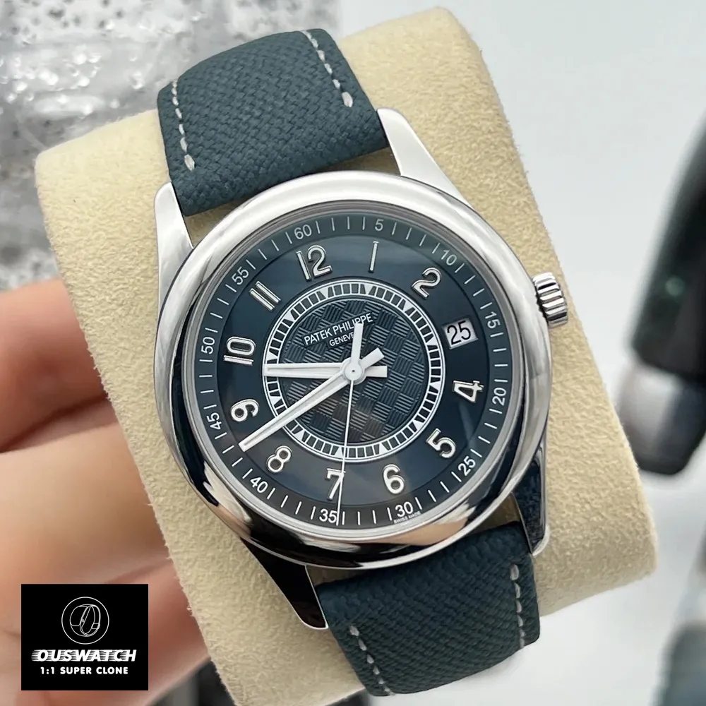 110° view emphasizing curved lugs and screw-down crown with Calatrava cross emblem