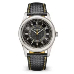 A Patek Philippe Calatrava 6007G-001 white gold replica watch with a black and yellow dial is displayed on a clean white background.